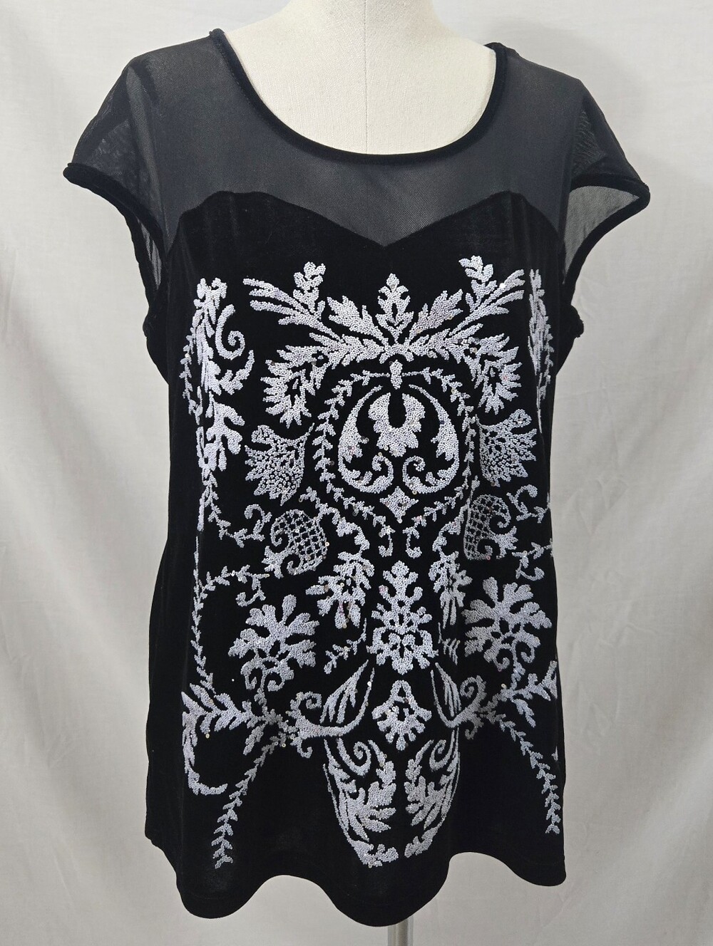 NWT Vintage Y2K Dressbarn Black Velvet Knit Sheer Mesh Top Size XL